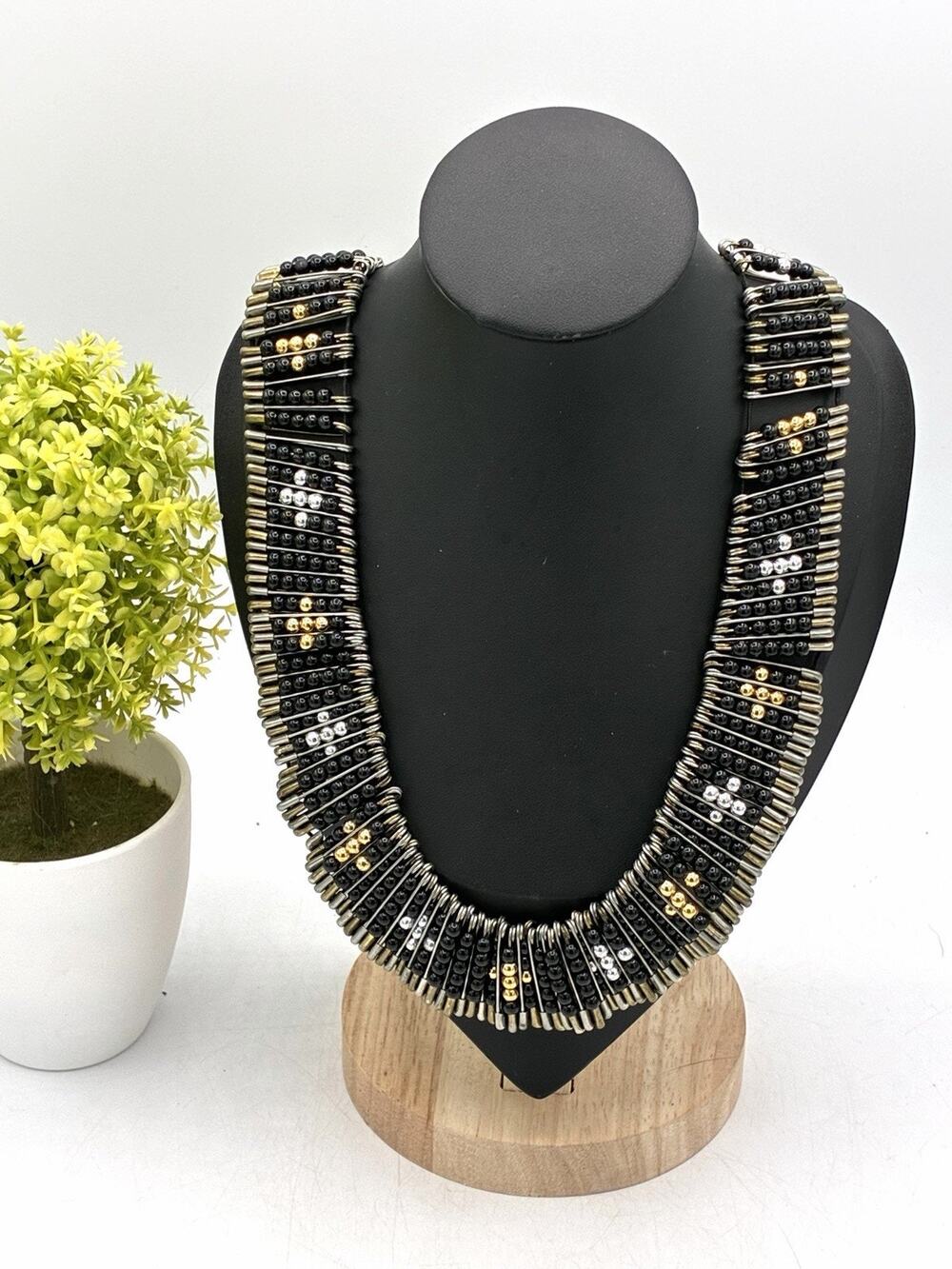 Safety Pin Beaded Statement Necklace 20” Black Gold Industrial Punk Collar
